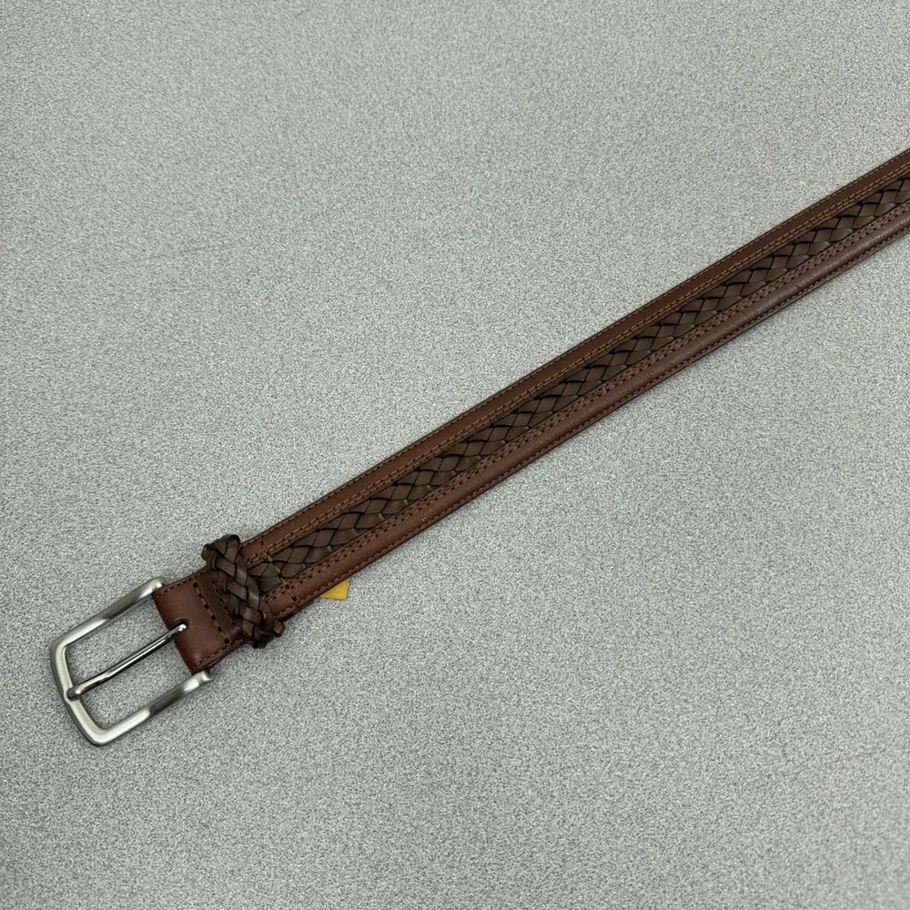 Tommy Bahama Belt Mens 34 Brown Woven Inlay Leather Casual Dress Silver Buckle